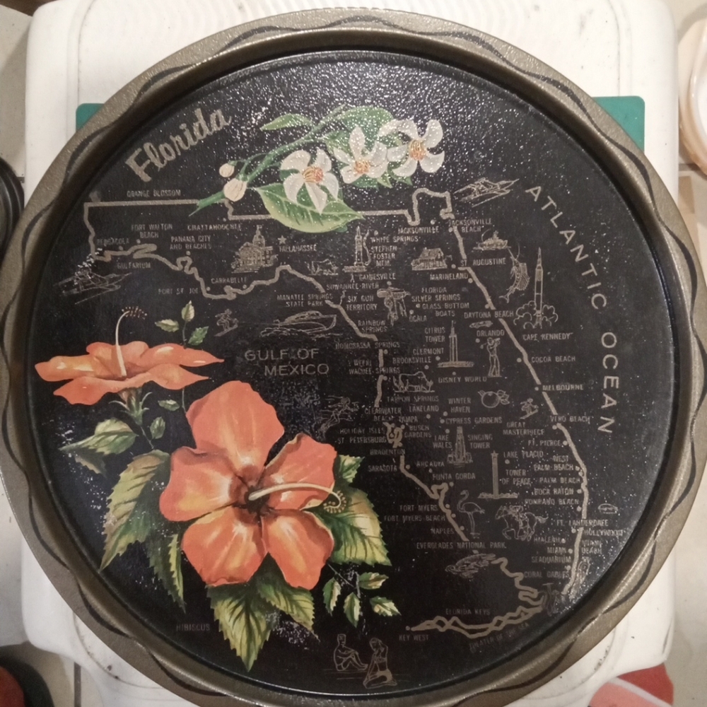 Vintage Florida Themed Decorative Tray with Hibiscus Design Handpainted Barware